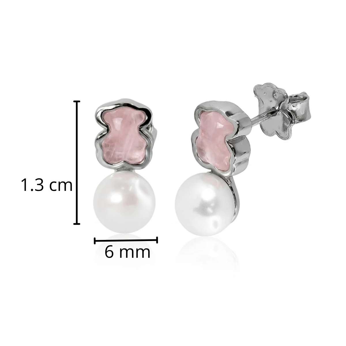 Broquel Inspirado Osos 1:1 Doble Piedra Cuarzo Rosa y Perla de Río Plata .925 con Baño de Rodio