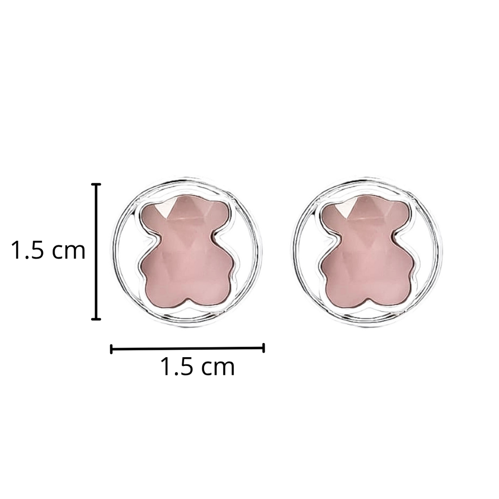 Aretes Osos 1.1 con Círculo Liso Alrededor, Piedra Cuarzo Rosa. Plata 925 con Baño de Rodio