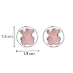 Aretes Osos 1.1 con Círculo Liso Alrededor, Piedra Cuarzo Rosa. Plata 925 con Baño de Rodio