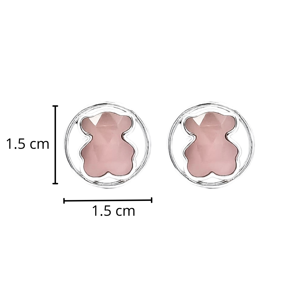 Aretes Osos 1.1 con Círculo Liso Alrededor, Piedra Cuarzo Rosa. Plata 925 con Baño de Rodio
