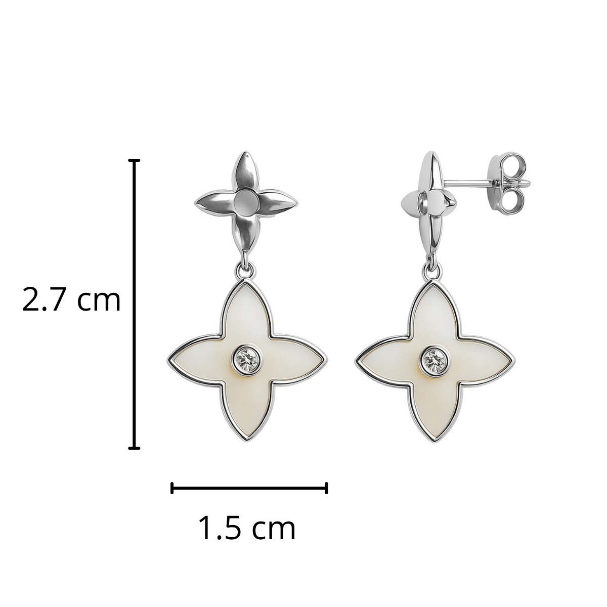 Arete Flor Mediano Inspirado LV con Piedras Naturales Plata .925 con Baño de Rodio