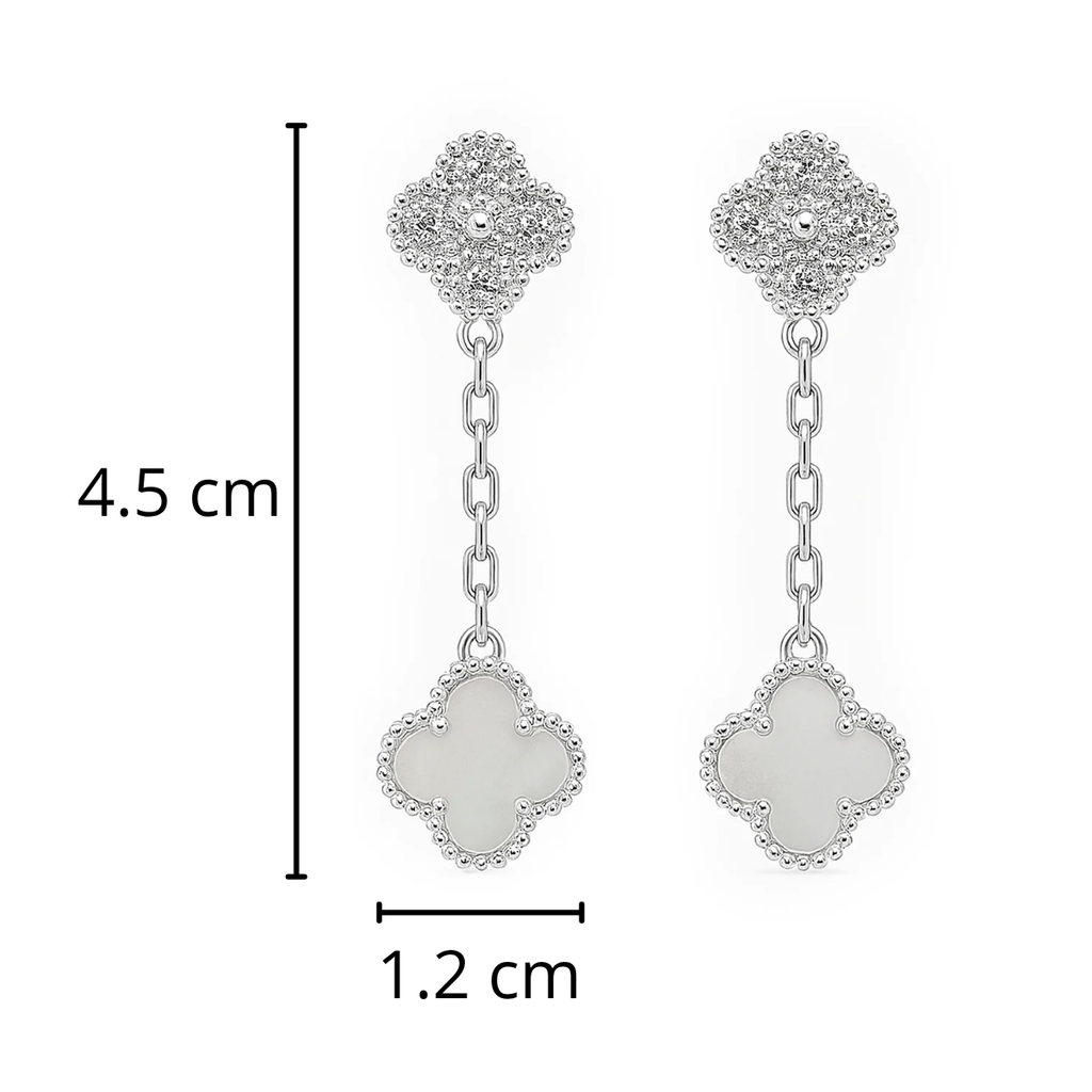 Arete Flor Largo Inspirado Van C con Micro Circonias y Cadena Paper Clip Plata .925 con Baño de Rodio