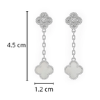 Arete Flor Largo Inspirado Van C con Micro Circonias y Cadena Paper Clip Plata .925 con Baño de Rodio