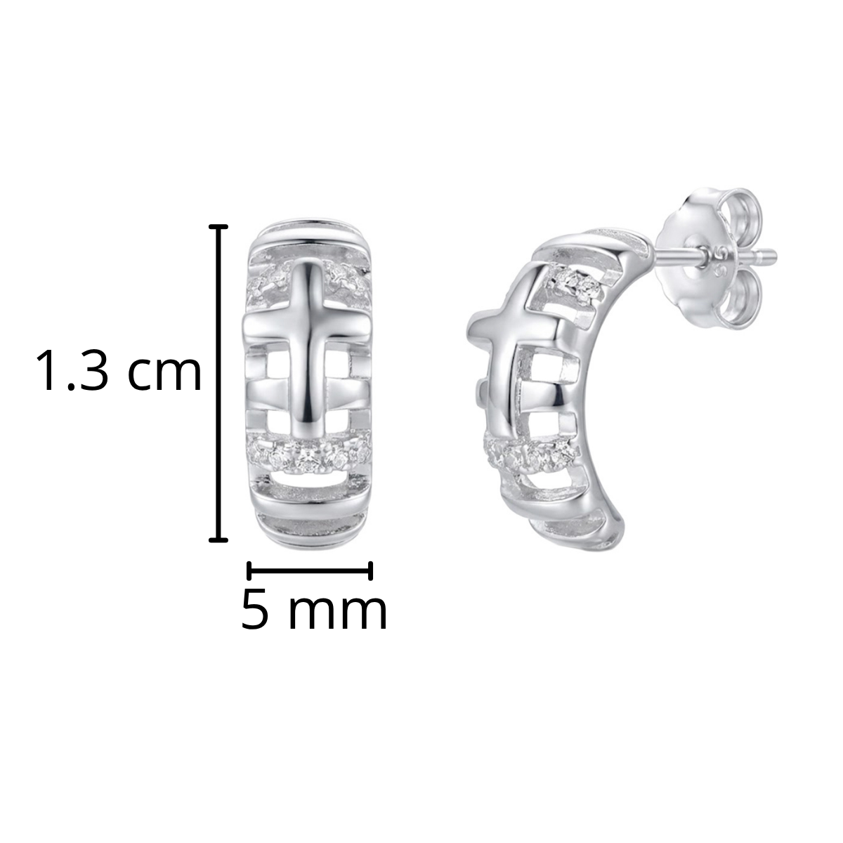 Arracada Cruz Lisa con Micro Circonias Plata .925 con Baño de Rodio