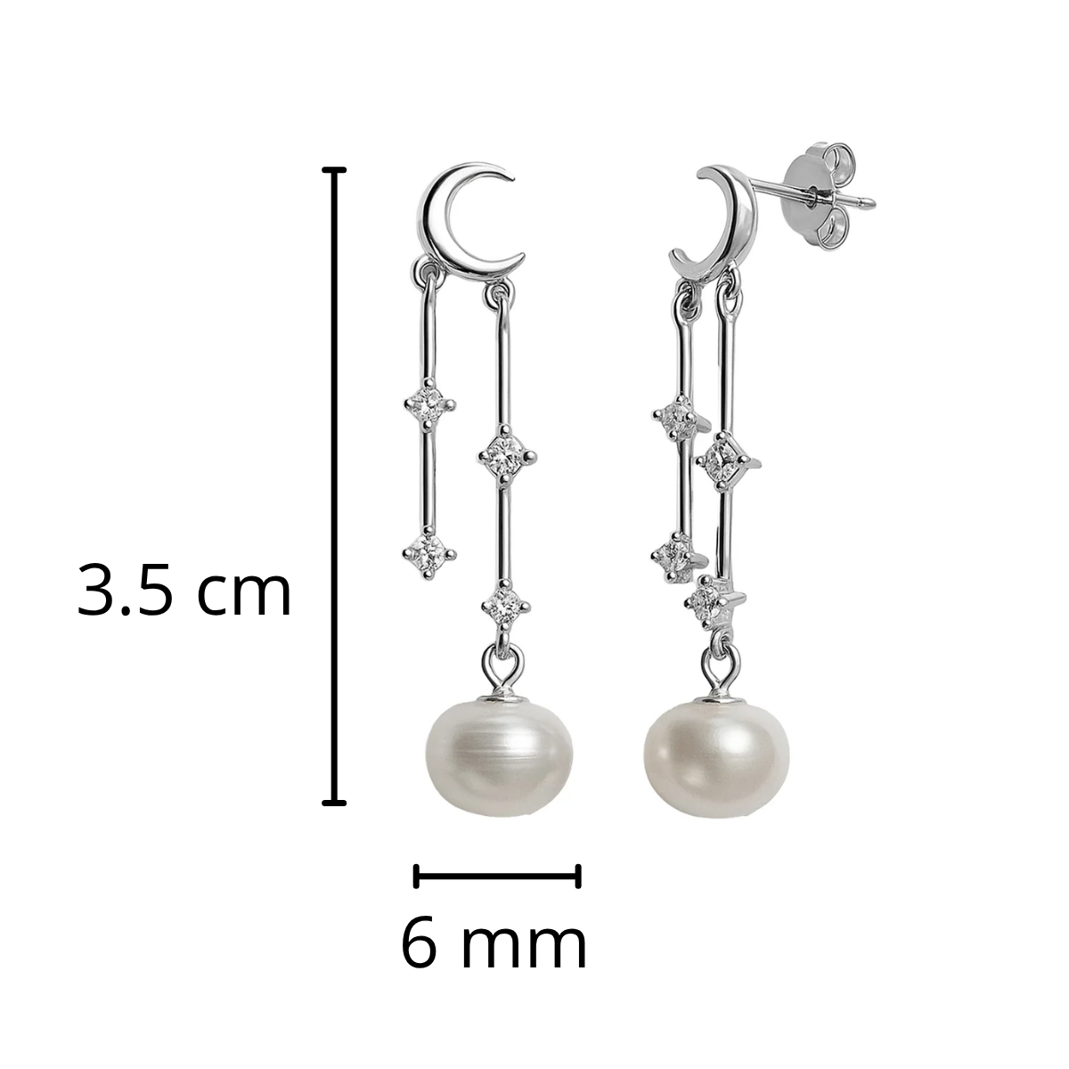 Arete Largo Perla con Luna y Circonias Plata .925