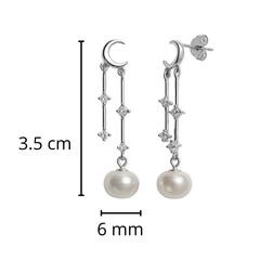 Arete Largo Perla con Luna y Circonias Plata .925