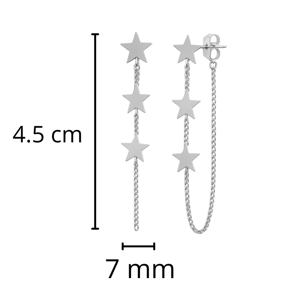 Arete Largo con Estrellas Lisas y Cadena Cubana Hecho a Mano Plata .925