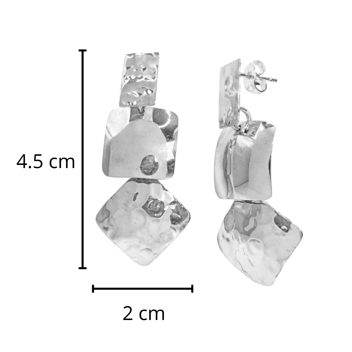 Arete Geometrico Largo Estilo Martillado y Liso Hecho a Mano Plata .925