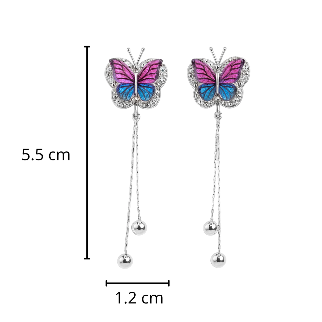 Arete Largo Mariposa con Cristales Bicolor y Cadena Cola de Rata Plata .925