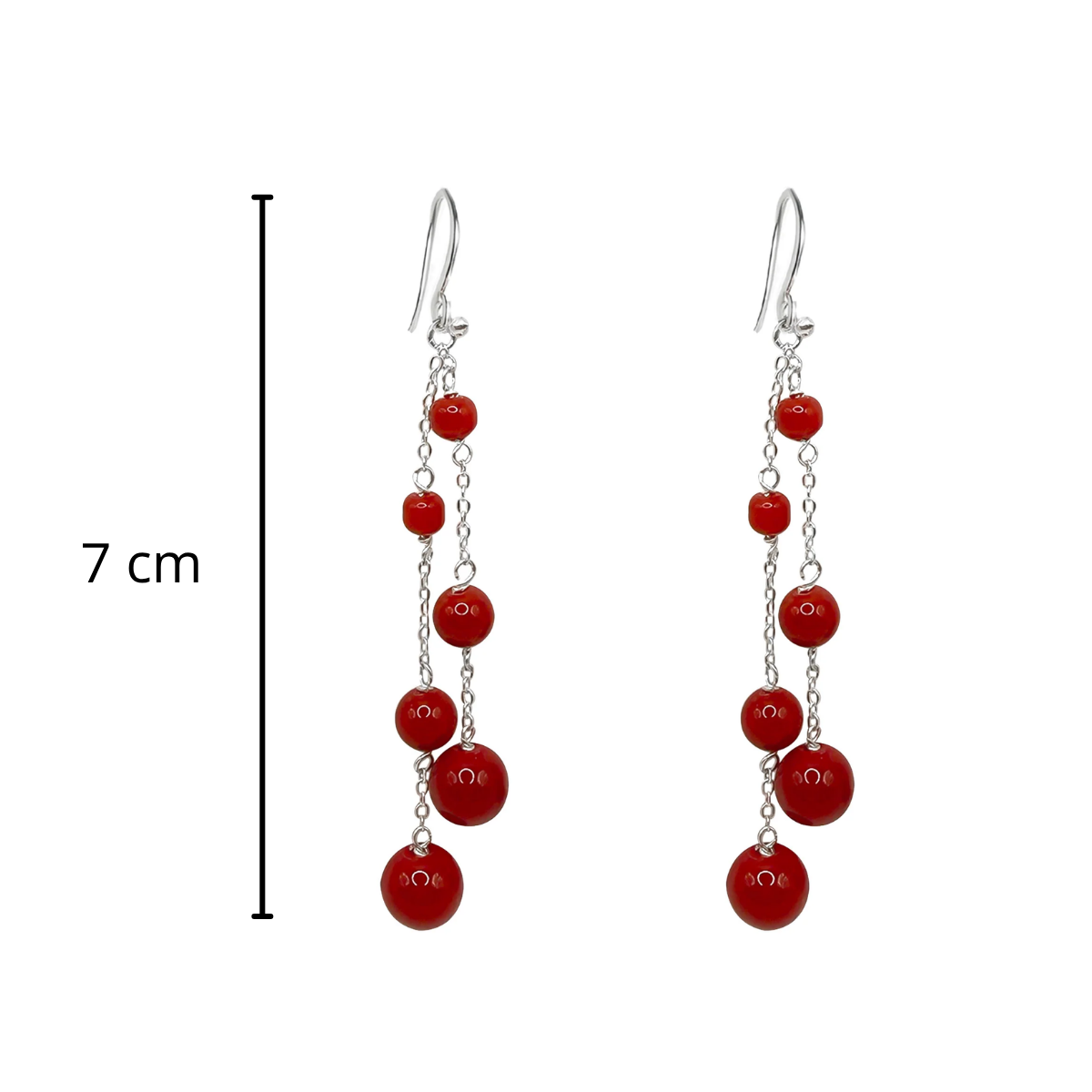 Arete Largo con Bolitas Ágata Rojas Hecho a Mano Plata .925