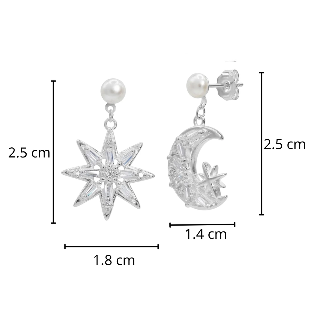 Arete Mediano Luna y Estrella con Circonias y Perla Natural Plata .925