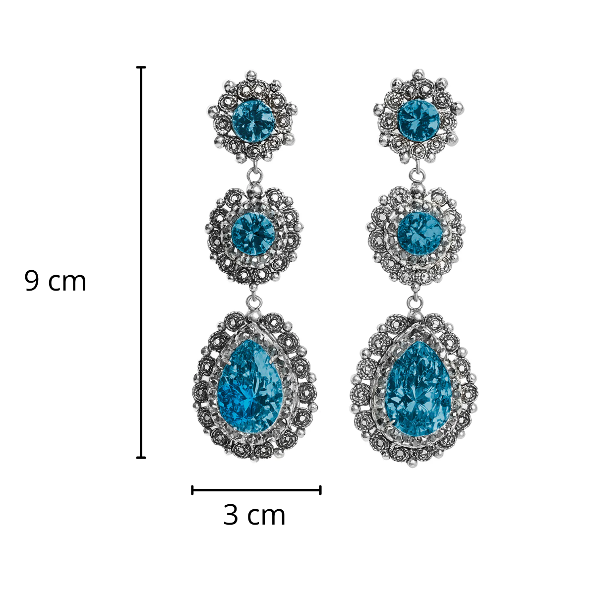 Arete Largo Filigrana Triple con Circonias Azules y Hematite Hecho a Mano Plata .925