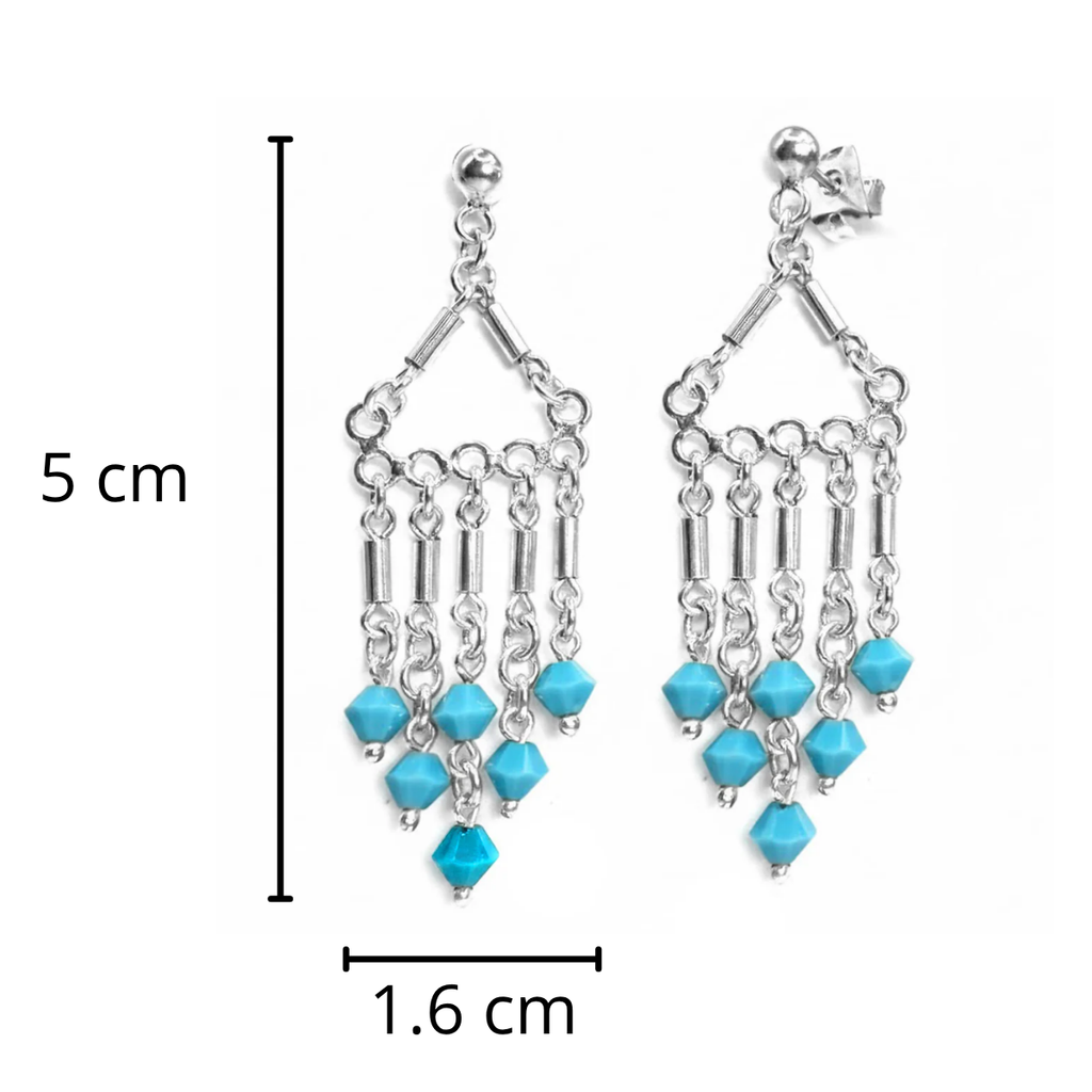 Arete Estilo Candelabro con Cristal Swarovski Turquesa Hecho a Mano Plata .925