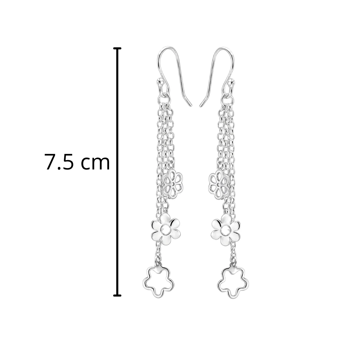 Arete Largo 3 Flores Lisas con Cadena Eslabones Hecho a Mano Plata .925