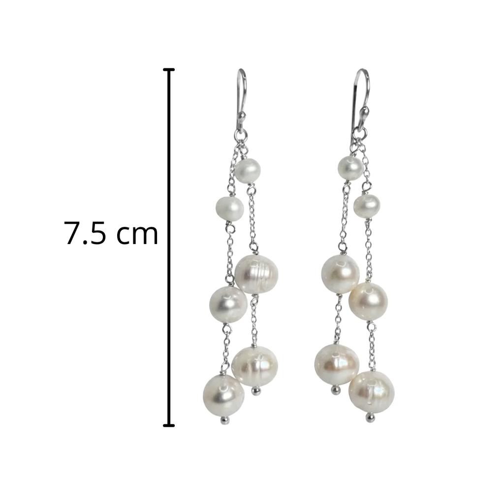 Arete Largo Doble con Perla Natural Hecho a Mano Plata .925