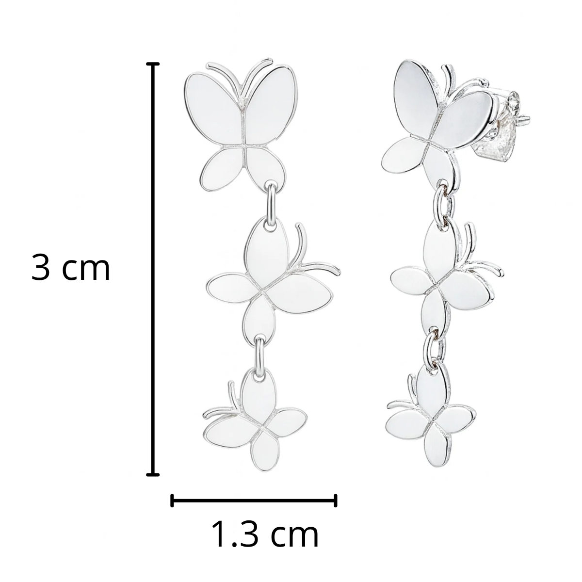 Arete Largo 3 Mariposas Lisas Hecho a Mano Plata .925