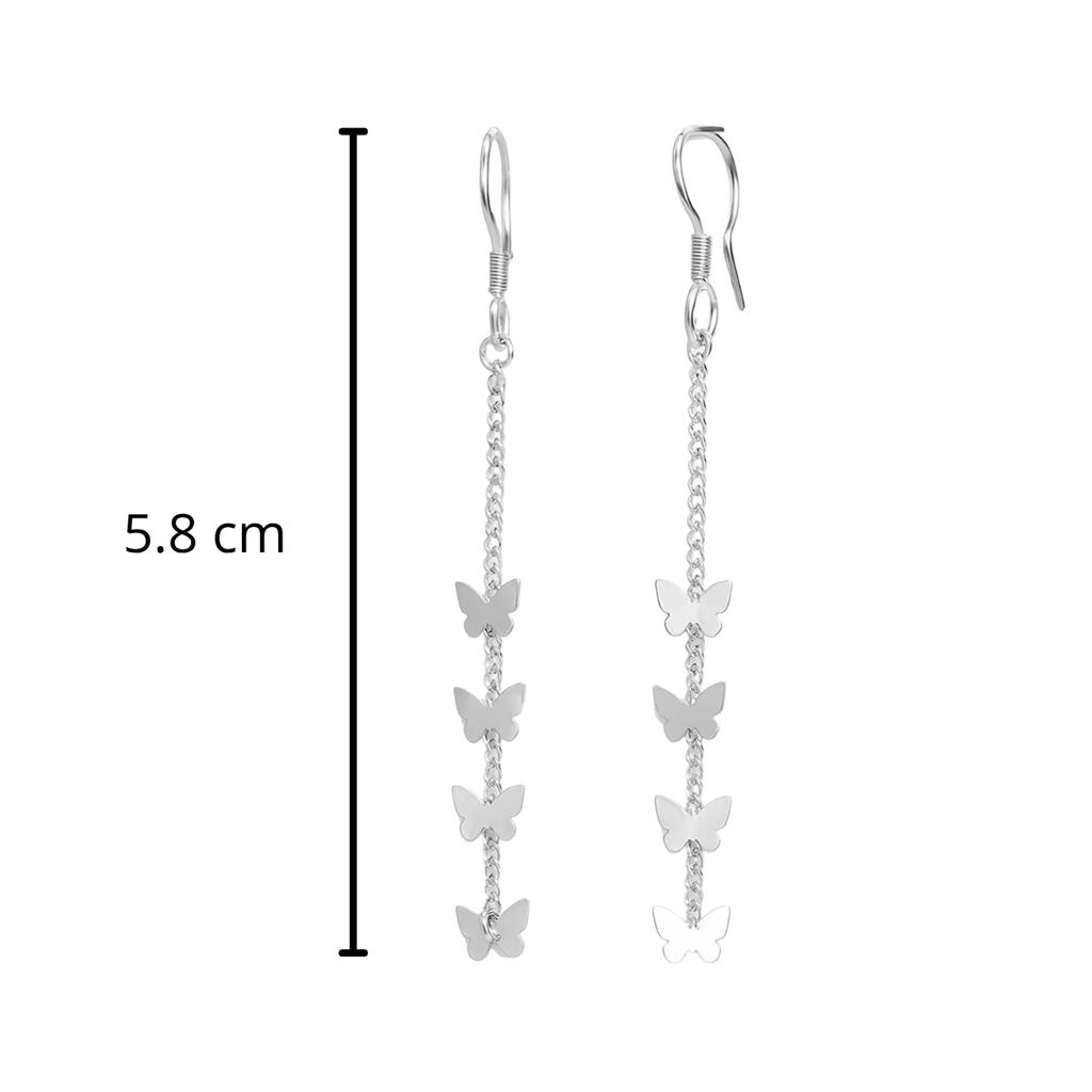 Arete Largo con Mariposas Lisas y Cadena Cubana Hecho a Mano Plata .925