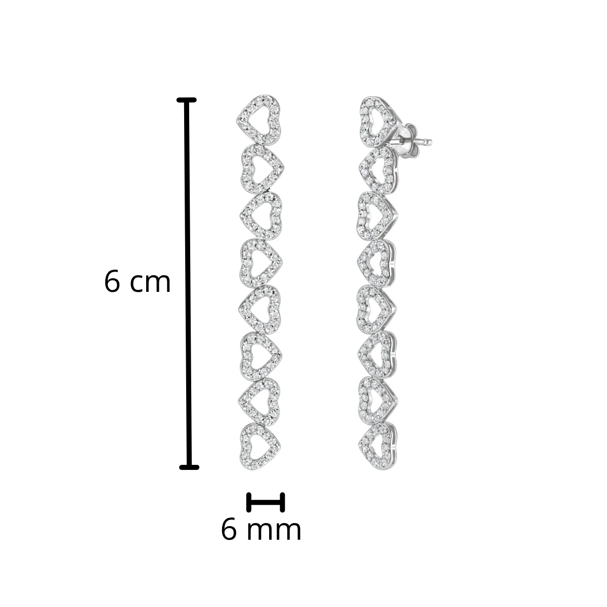 Arete Largo Corazones con Micro Circonias Plata .925 con Baño de Rodio
