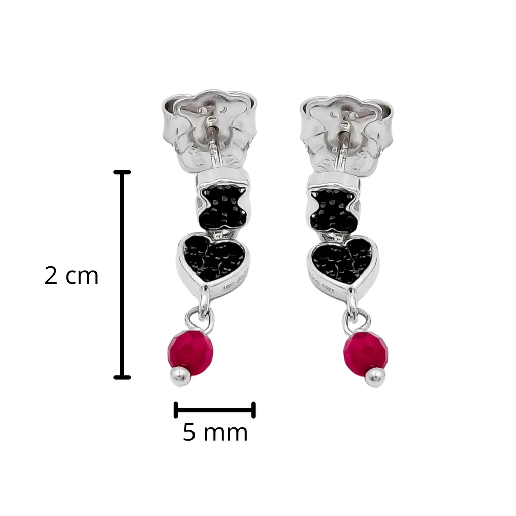 Arete Oso 1.1 Con Corazón Circonias  Negras y Ágata Rosa, Plata 925 con Baño de Rodio