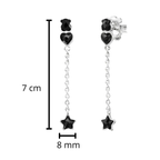 Arete Largos Osos 1.1 Con Corazón y Estrellas Piedra Onix, Plata 925 Con Baño de Rodio