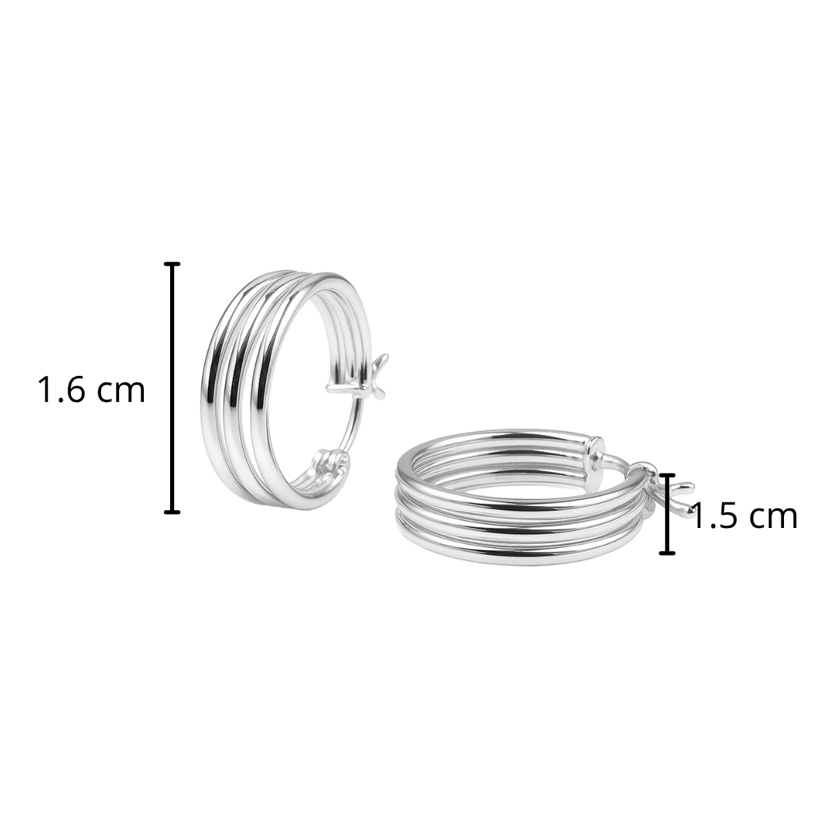 Arracadas de tubo 3 Lineas Lisas Hecha a Mano de 1.6 cm Plata .925