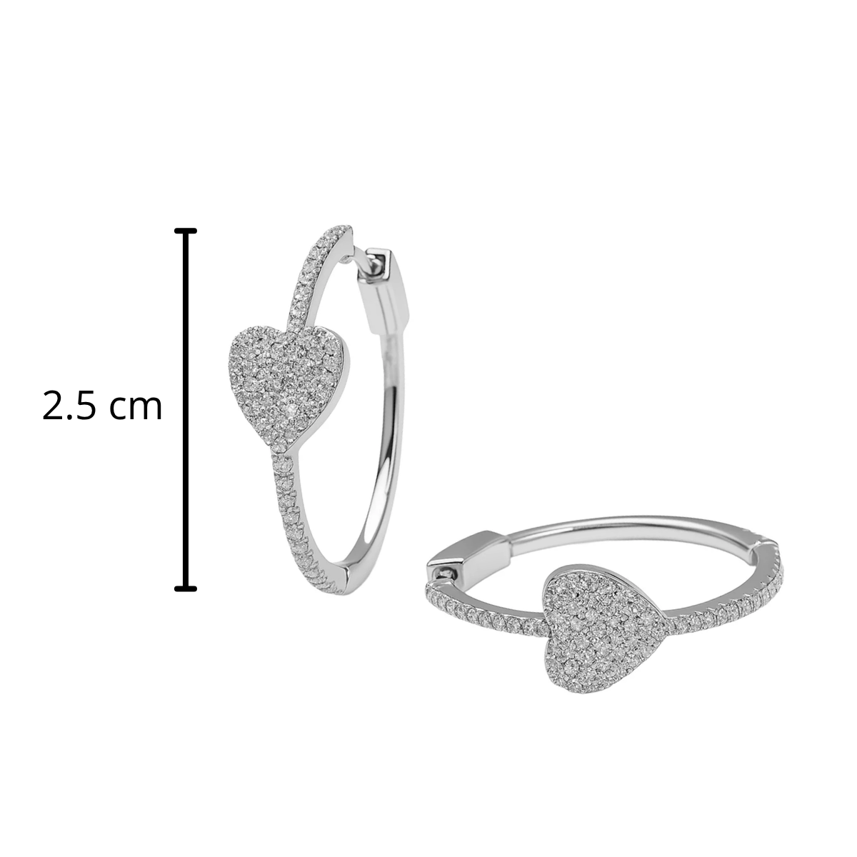 Arracada con Corazon Micro Circonias Broche Tipo Huggie 2.5 cm Plata .925 con Baño de Rodio