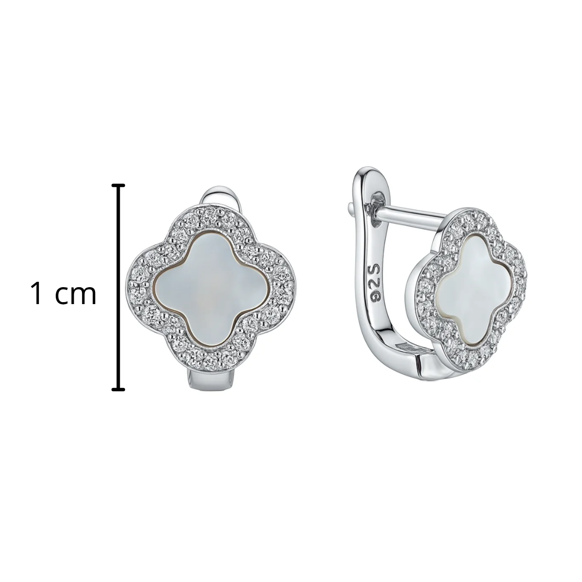 Arete Huggies Flor Inspirado Van C Madre Perla con Micro Circonias Plata .925 con Baño de Rodio
