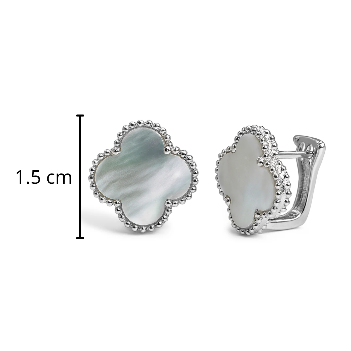 Arete Huggies Flor Inspirado Van C Grande Madre Perla Plata .925 con Baño de Rodio
