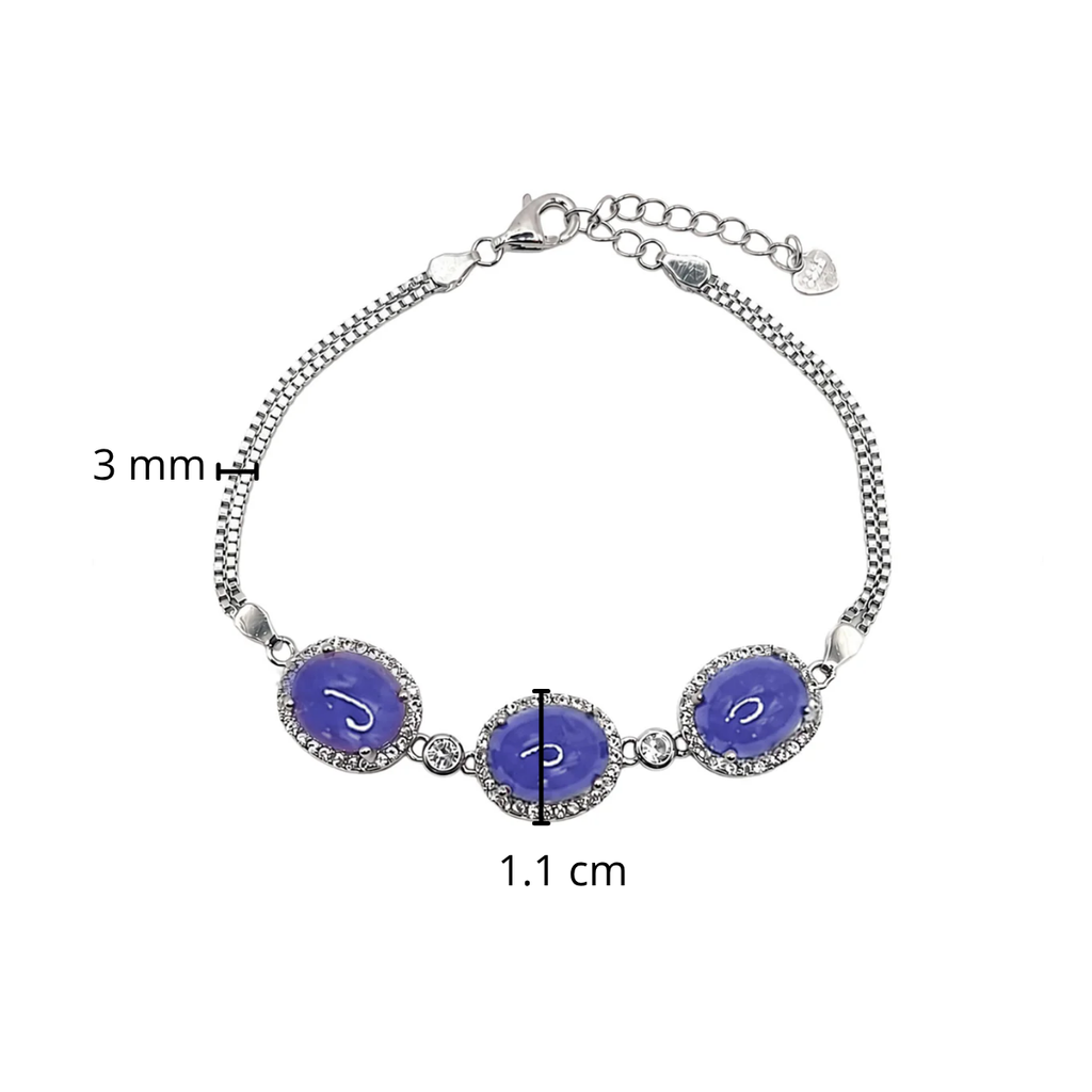 Pulsera Piedras Preciosas 3 Tanzanita Ovaladas con Circonias y Cadena Box, Plata .925 con Baño de Rodio