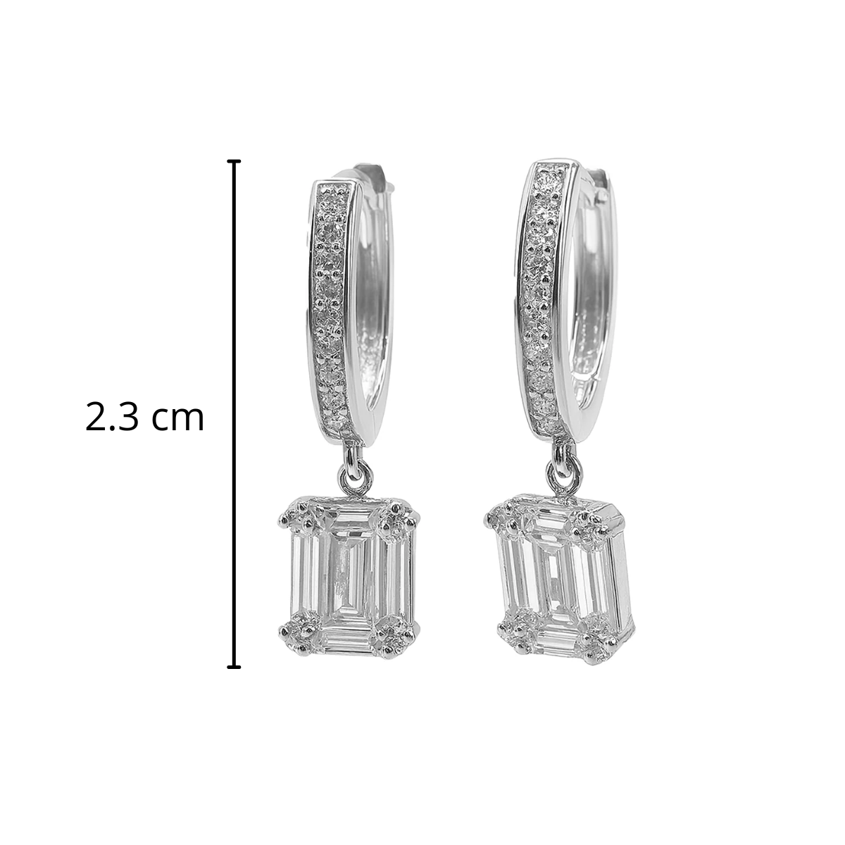 Huggies con Circonia Baguette y Micro Circonias Plata .925 con Baño de Rodio