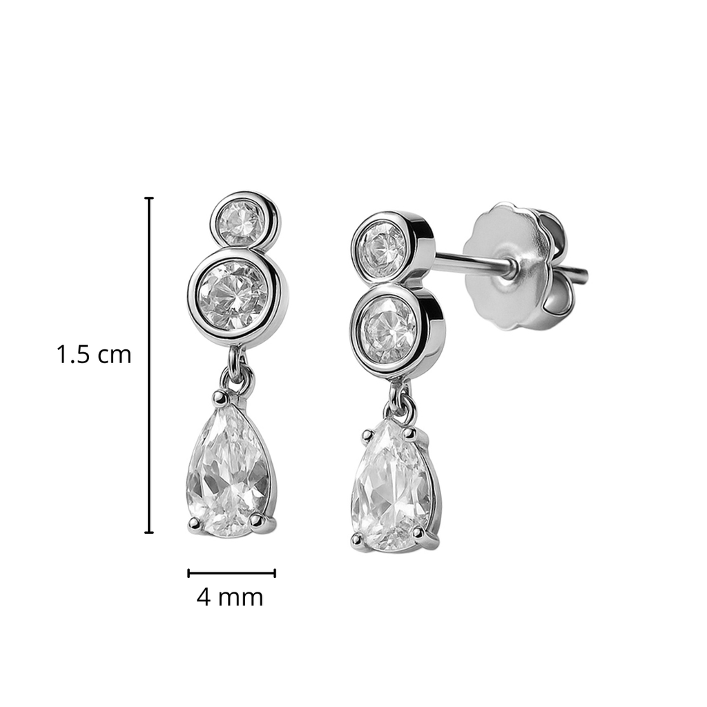 Arete Broquel Circonia con Gota Colgante Plata .925 con Baño de Rodio