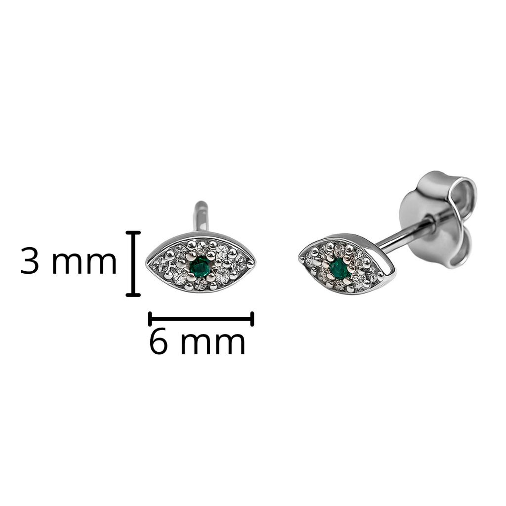 Arete Broquel Ojo Turco Chico con Micro Circonias y Circonia Verde Plata .925 con Baño de Rodio