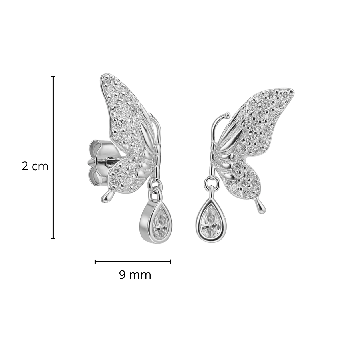 Broquel Ala de Mariposa con Micro Circonias Plata .925 con Baño de Rodio