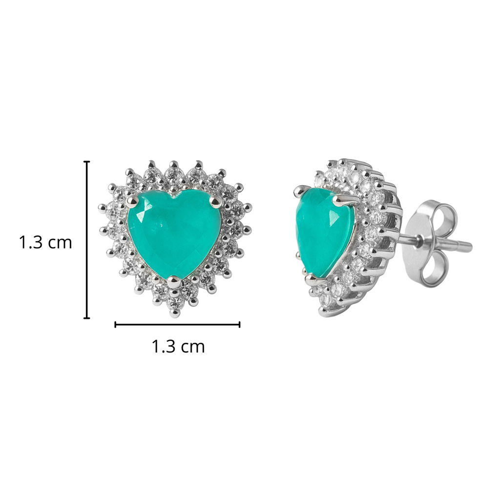 Arete Broquel Corazón 1.3 cm con Piedra Turmalina y Circonias Blancas, Plata .925 con Baño de Rodio.