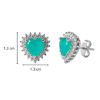 Arete Broquel Corazón 1.3 cm con Piedra Turmalina y Circonias Blancas, Plata .925 con Baño de Rodio.