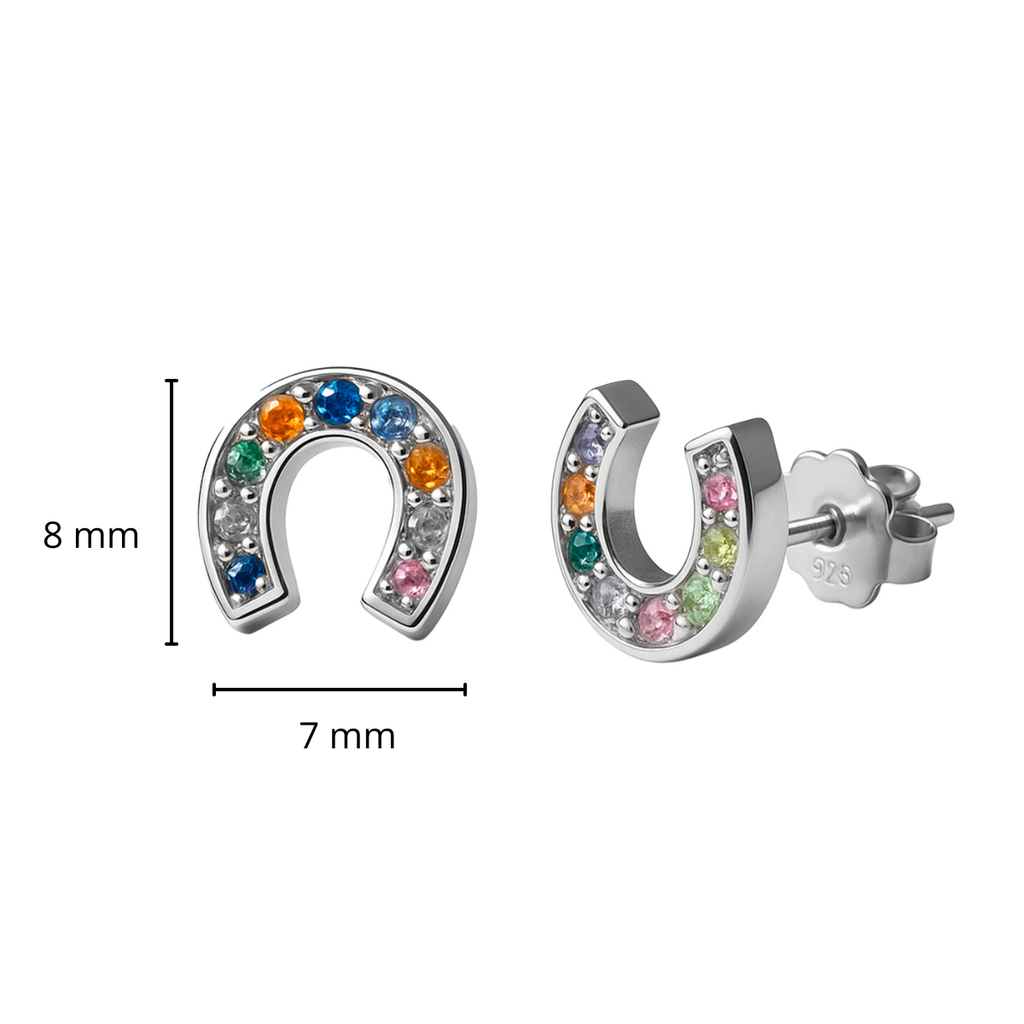 Arete Broquel Herradura con Circonias Multicolor Plata .925 con Baño de Rodio