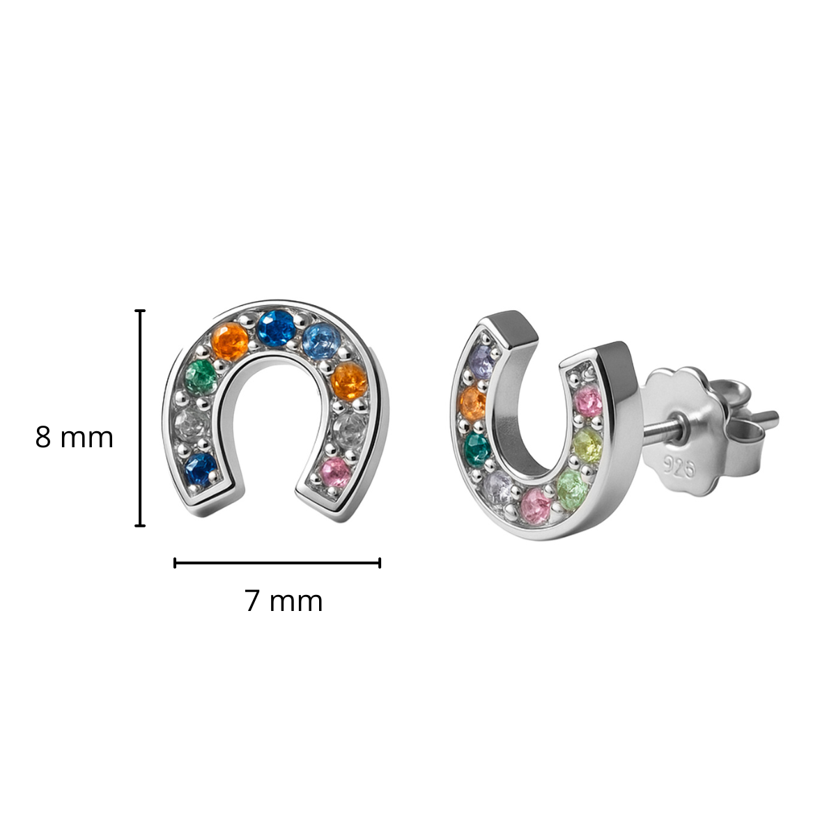 Arete Broquel Herradura con Circonias Multicolor Plata .925 con Baño de Rodio