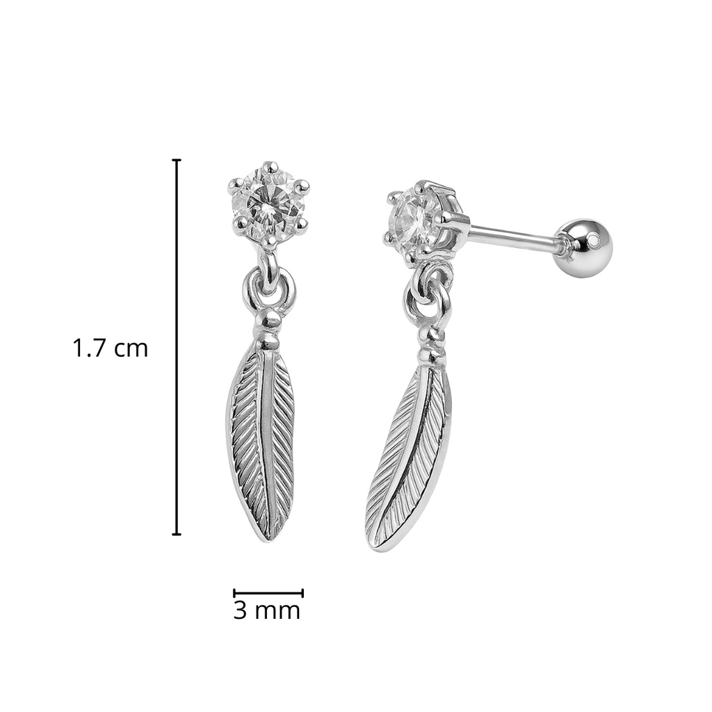 Arete Broquel Pluma Colgante con Circonia Plata .925. Bolita atrás