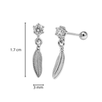 Arete Broquel Pluma Colgante con Circonia Plata .925. Bolita atrás