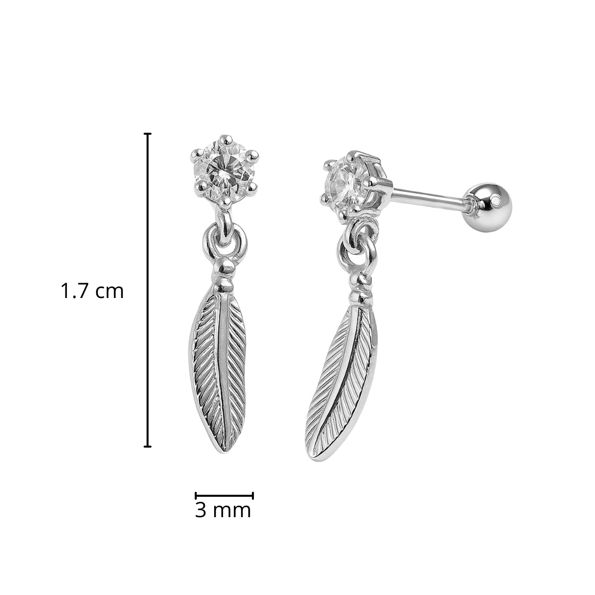 Arete Broquel Pluma Colgante con Circonia Plata .925. Bolita atrás