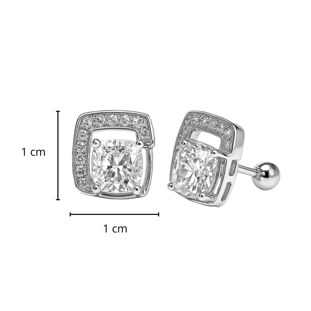 Arete Broquel Grande Doble Cuadro con Micro Circonias Plata .925 con Baño de Rodio