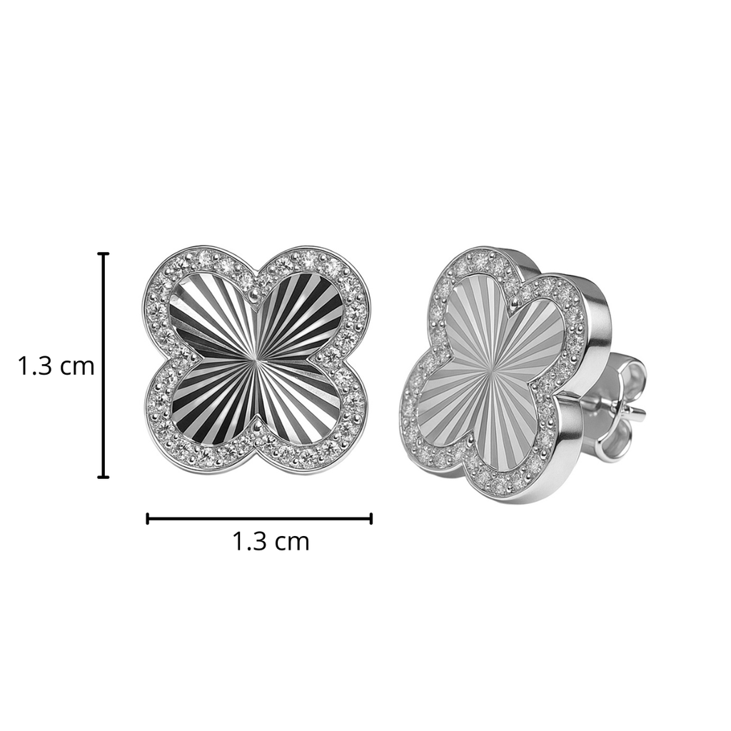 Arete Broquel Flor Grande 1.4cm, Van C Diamantado Plata .925 con Baño de Rodio