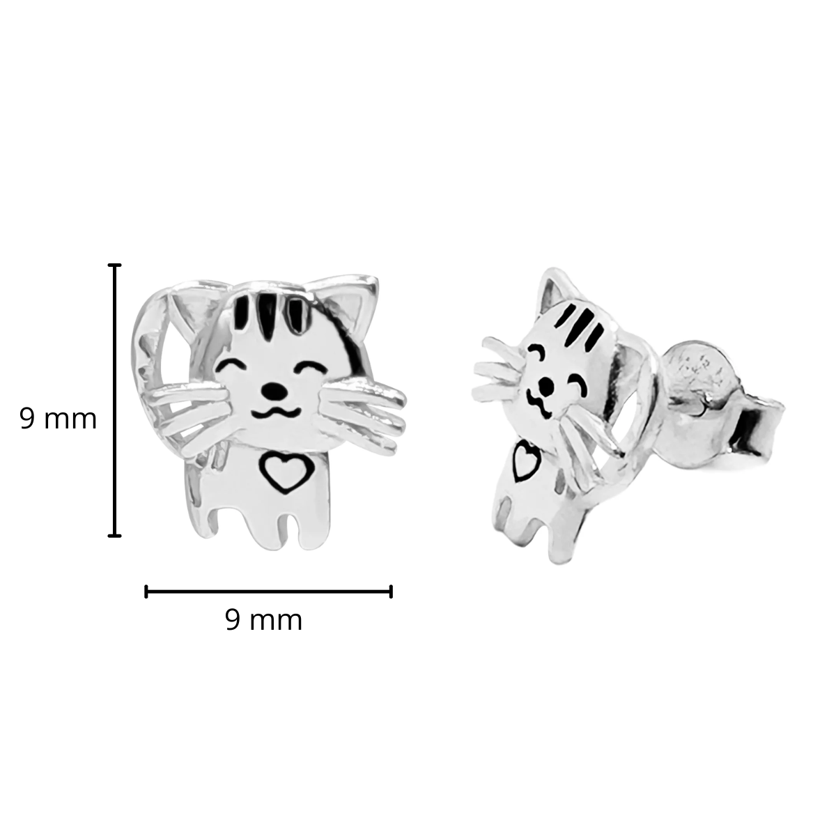 Arete Broquel Liso Gato Sonriente con Bigotes Plata .925