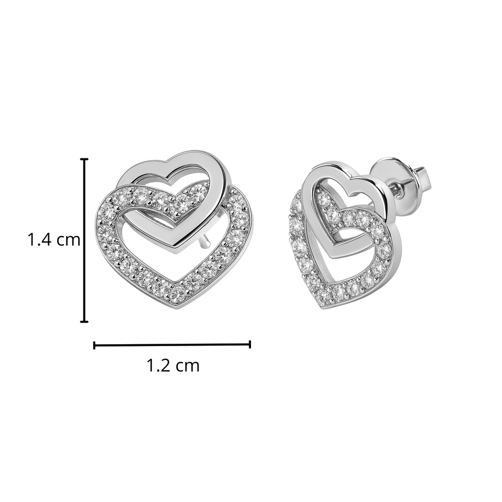 Arete Broquel Grande Doble Corazón con Circonias Plata .925 con Baño de Rodio