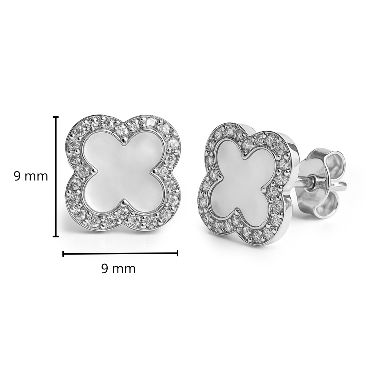 Arete Broquel Flor Mediana 9mm Inspirado en Van C con Circonias alrededor Madre Perla Plata .925 con Baño de Rodio
