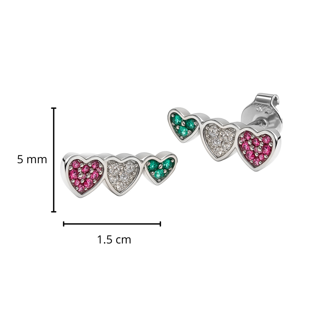 Arete Broquel Triple Corazón Multicirconias Plata .925 con Baño de Rodio