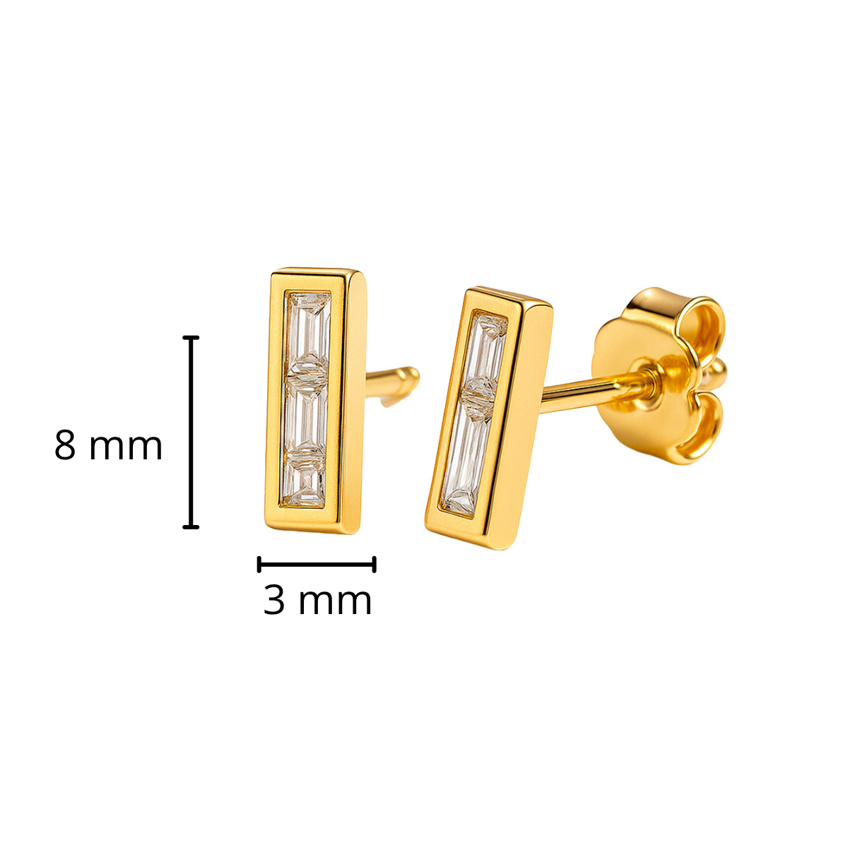 Arete Broquel Barrita de Circonias Plata .925 con Baño de Oro