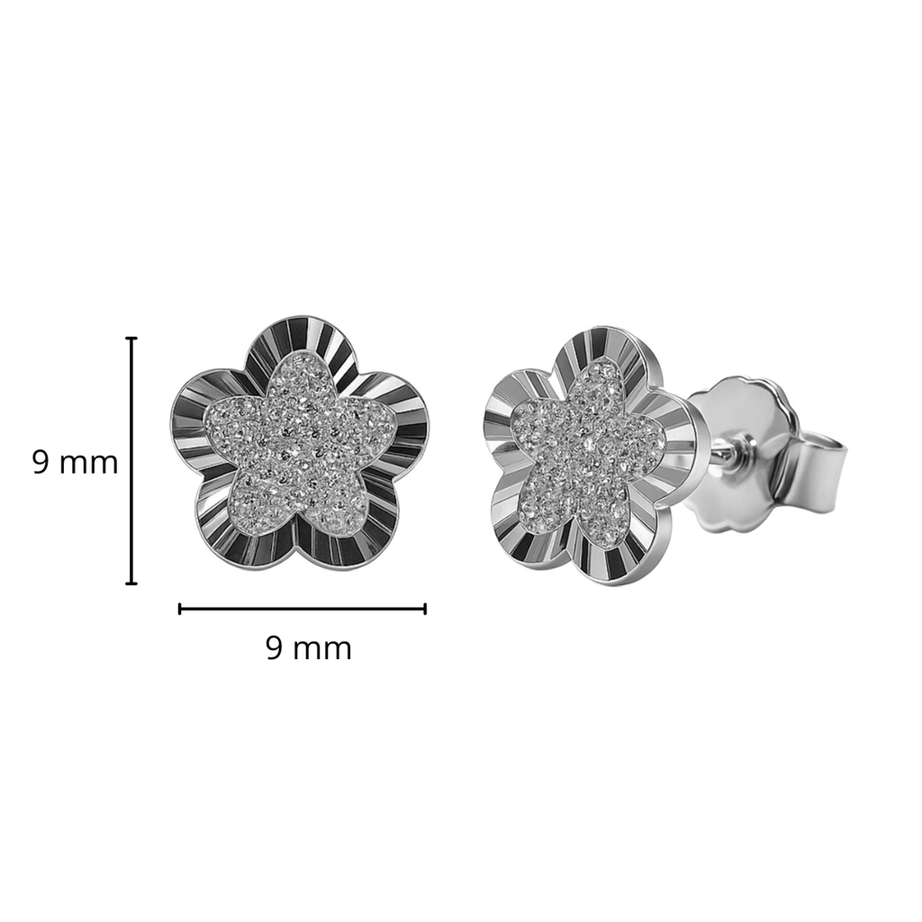 Arete Broquel Flor Diamantada con Micro Circonias Plata .925 con Baño de Rodio