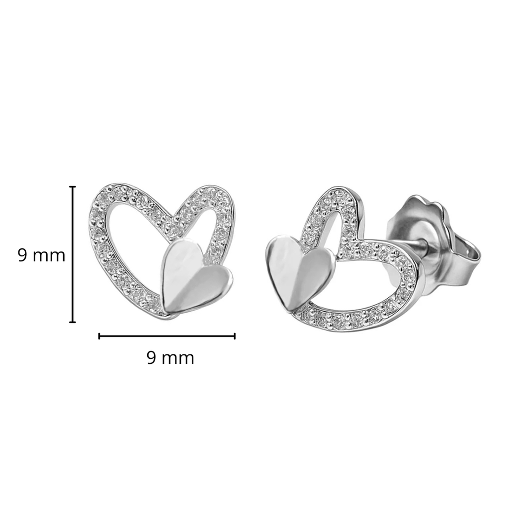 Arete Broquel Doble Corazón con Micro Circonias Plata .925 con Baño de Rodio