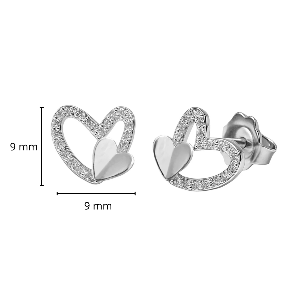 Arete Broquel Doble Corazón con Micro Circonias Plata .925 con Baño de Rodio